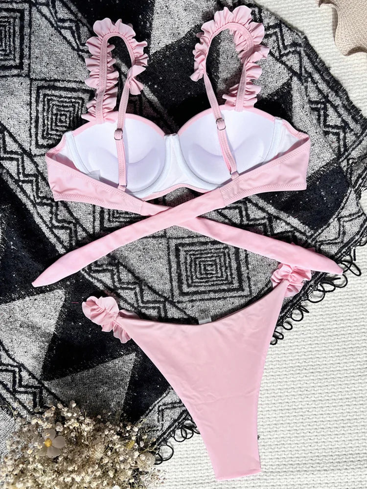 Pink Ruffle Bikini Women Push Up Swimsuit Female High Cut Solid Swimwear Beach Back Tied Bathing Suit Swim