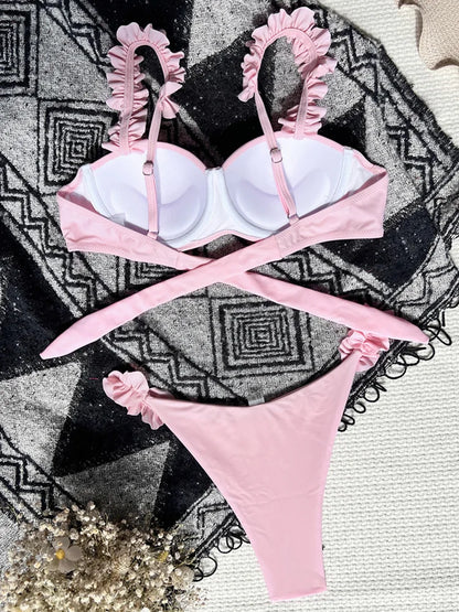 Pink Ruffle Bikini Women Push Up Swimsuit Female High Cut Solid Swimwear Beach Back Tied Bathing Suit Swim