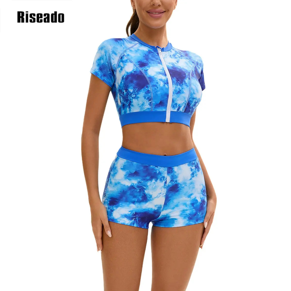 Women's 2 Piece Tankini Set Short Sleeve UPF 50+ Swim Shirt Built in Bra Bathing Suit with Boy shorts Bottoms