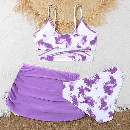 3 Pieces Tie Dye Print Bikini  Girls Swimsuit with Skirt Kids Swimwear Female Bathers Bathing Swimming Swim Suit Beachwear