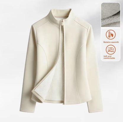 Women's Fleece Lined Slim Fit Yoga Jacket Stand Collar Thickened Zipper Short Coat Warm Fitness Outerwear for Autumn Winter