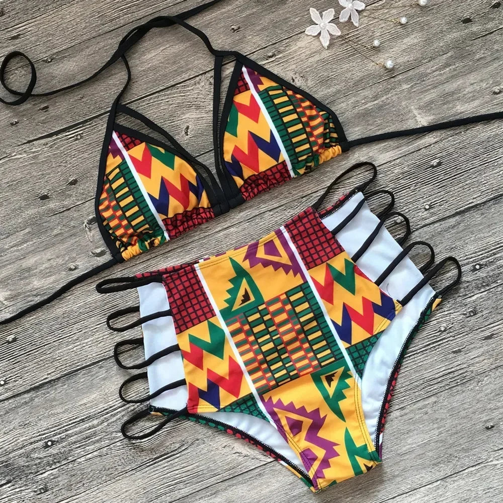 Bikini Women Swimsuit Swimwear High Waist Multi-rope Hollow Print Bikinis Set Bathing Suit Bikini Brasileno Taille Haute