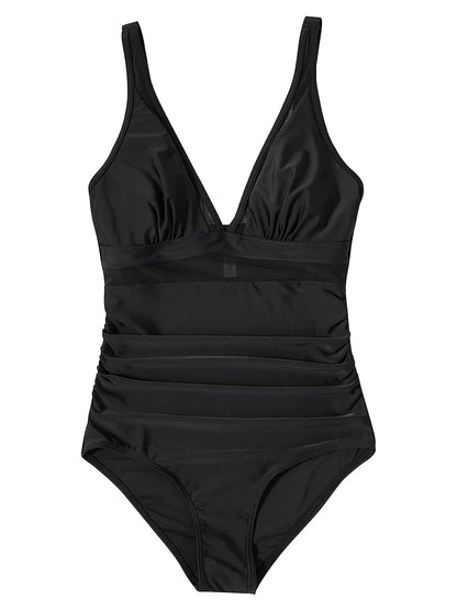 Mesh Panel Swimsuit One Piece High Cut Swimwear Women Solid Bathers Bathing Suit Female Backless Swimming Beachwear