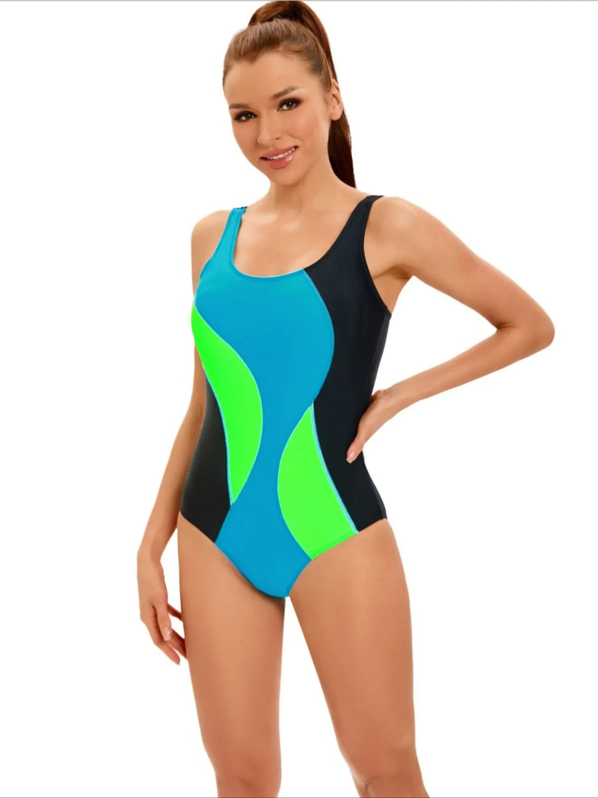Sports Patchwork Swimsuit for Women, Conservative One Piece Swimwear U-neck Suspender Backless Monokini, beach Bathing Suit Pool