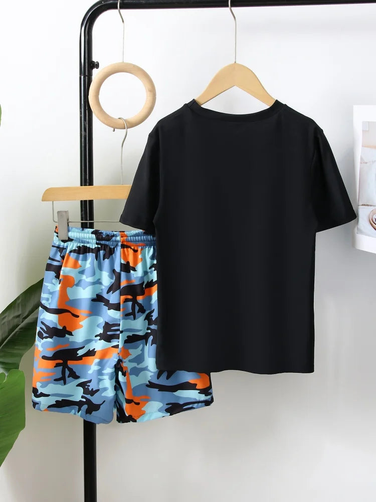 Boy Kids Swimsuit Black Short Sleeve Children Swimwear Summer Beach Shorts Two Piece Beach Wear Bathing Suit Swimming
