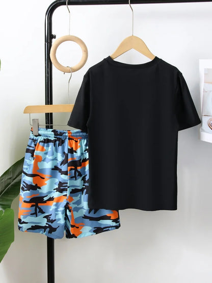 Boy Kids Swimsuit Black Short Sleeve Children Swimwear Summer Beach Shorts Two Piece Beach Wear Bathing Suit Swimming