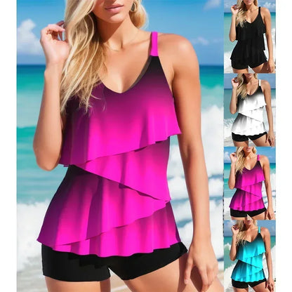 Comfortable Summer Women's Vacation Swimsuit with Rose Red Gradient Ruffle Edge Two-piece Set S-6XL