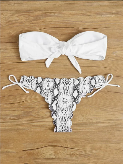 Beach Bikini Woman Front Lace Up Tie Bandeau Leopard Swimsuit Female Push Up Ruffled Bow Bathing Suit Thong Swimwear