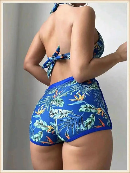 Halter Bikini Women High Waist Swimwear Female Swimsuit Leaf Printed Beachwear Bathing Swimming Suit Summer Beachwear