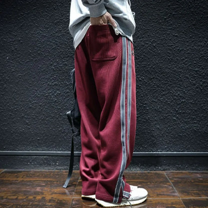 Men Straight Stripes Sweatpants Korean Spring Autumn Male Elastic Waist Zipper Pockets Loose Sports Casual Trousers
