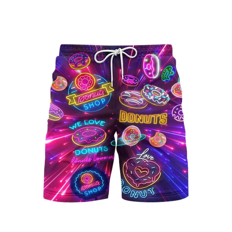 3D Print Neon Pattern Beach Short For Men Summer Hip Hop Personality Food Pattern Music Party Swimming Shorts Quick-drying Trunk