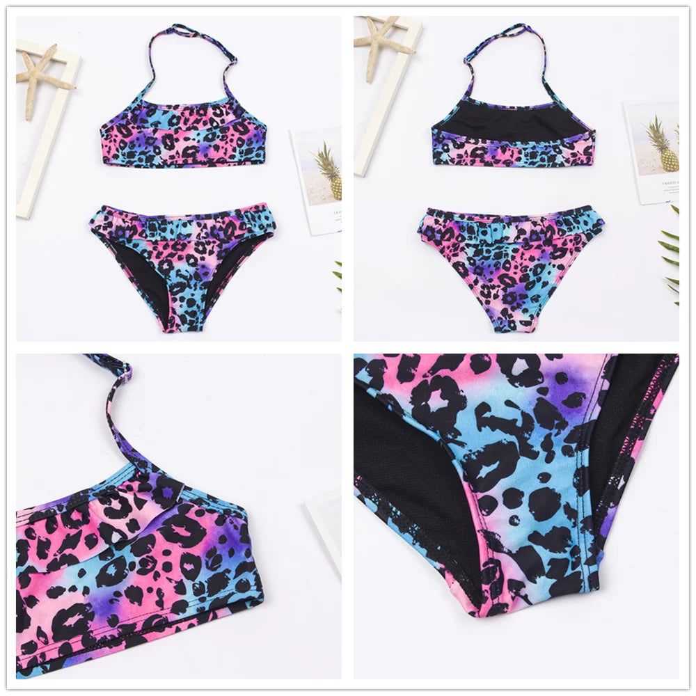 7-14Year Rainbow Print Child Bikini Set 2024 Girls Swimsuit Swimwear For Kids Summer Brazilian Teen Baby Swimming Suit Set 2