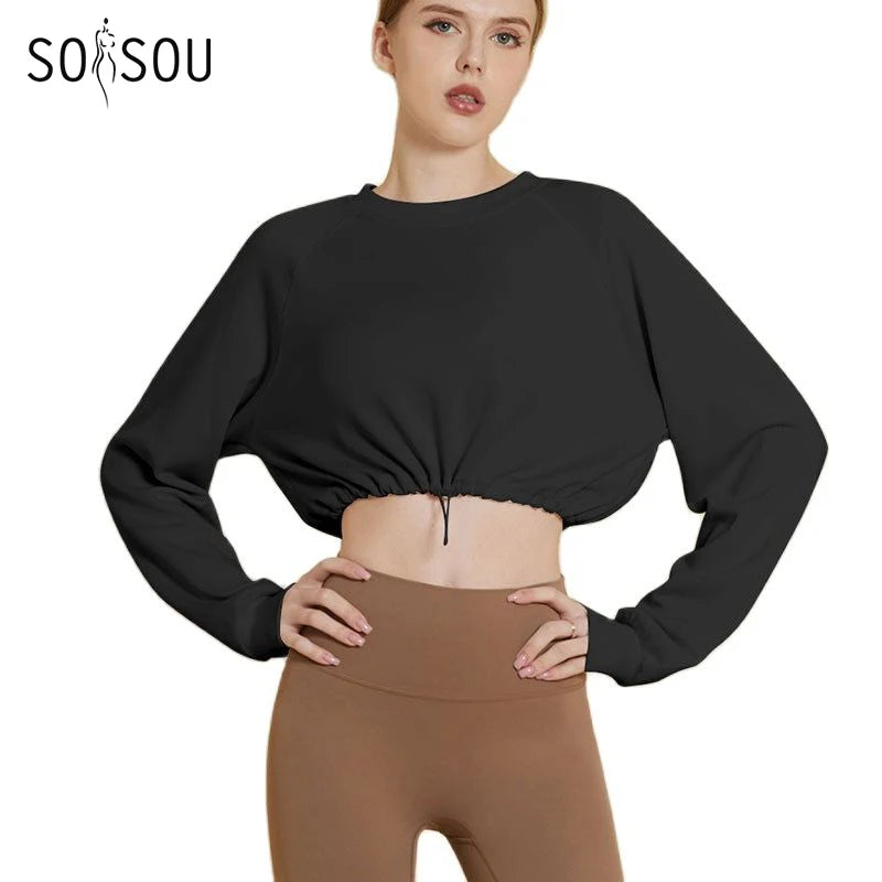 Yoga Gym Top Women Shirts Long Sleeve Crop Top Sportswear Loose Elastic Breathable Adjustable Hem Sports Womens Clothing