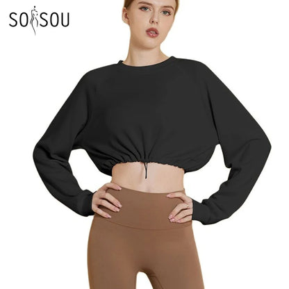 Yoga Gym Top Women Shirts Long Sleeve Crop Top Sportswear Loose Elastic Breathable Adjustable Hem Sports Womens Clothing