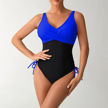 S - XXL Splicing V Neck Backless Women Swimwear One Piece Swimsuit Female High Leg Cut Padded Bather Bathing Suit Swim