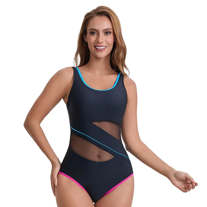 Sport Swimwear One Piece Bathing Suit for Women Swimsuits Block Colors Mesh Hollow out Beach Wear