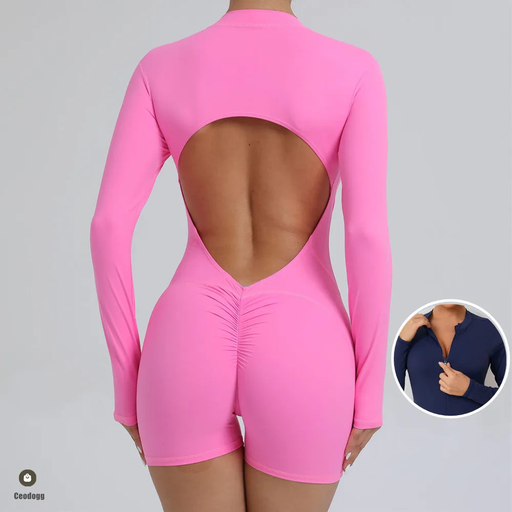 Pad Zipper Long Sleeve Yoga Set Women One Piece Jumpsuit Gym Workout Shorts Fitness Bodysuit Sports Athletic Suit