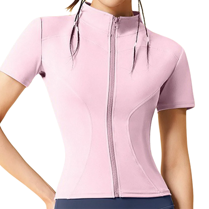 Aiithuug Yoga Tops Zipper Short Sleeve Gym Shirts Waist Slimmer Zip Up Sports Workout Top Fitness Jackets Running Slim Fit Tops