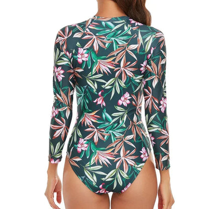 One-piece Swimsuit Women Long Sleeves Sunscreen Surf Wear Solid Color Stitching Zipper Conservative Summer Beach Swimwear
