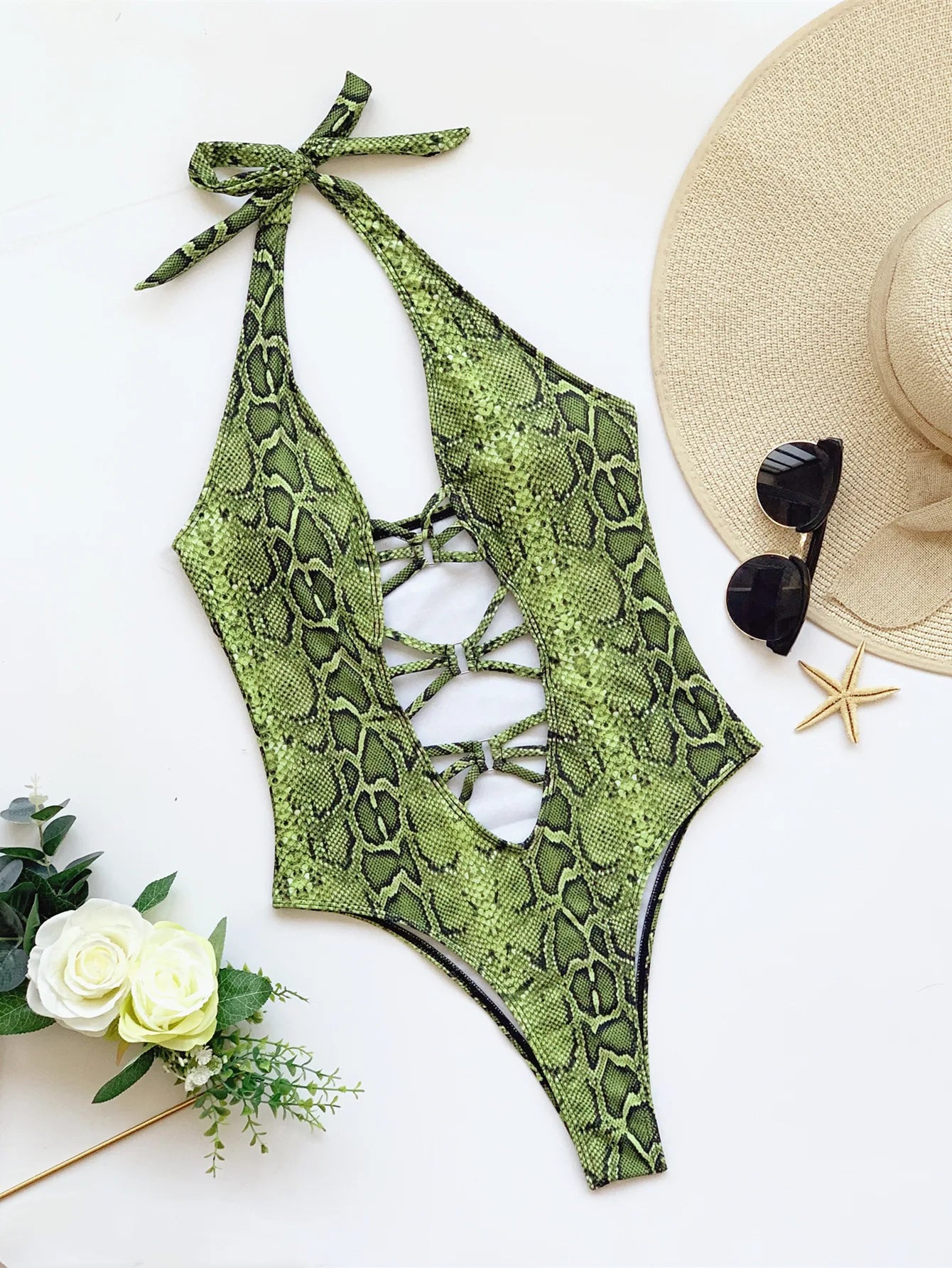 Women's Swimsuits Snake Skin Printed Monokini Women Swimwear One Piece Swimsuit Female Tummy Cut Out Bathing Suit Swim Lady