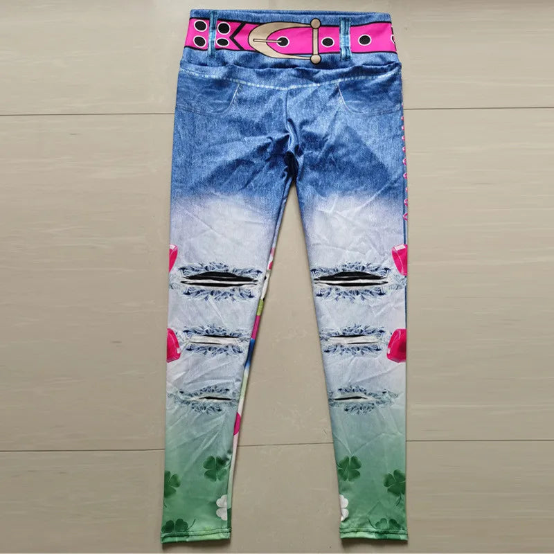Woman Fashion Denim Yoga Pants Sport Leggings Print Fitness Leggins Slim Gym Tights High Waist Leggings Sportswear