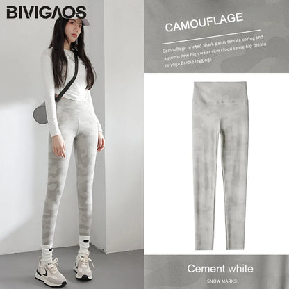 Spring Summer High Waist Colours Camouflage Shark Leggings Women Slim Sport Leisure Leggings Yoga Fitness Leggings