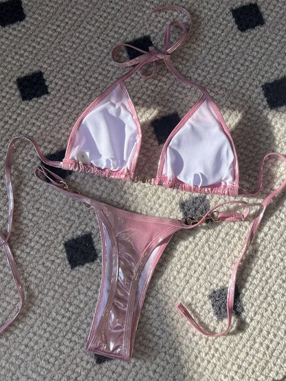 Shiny Pink Micro Bikini Women PU Pearls Push Up Thong Swimsuit Summer Bathing Suit Bandage Holiday Swimwear