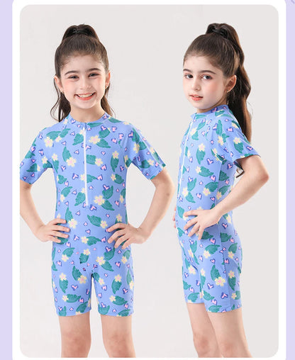 Leaf Print One Piece Girls Swimwear Kids Short Sleeve Swimsuit With Front Zipper Summer Children Swimming Suit Beachwear