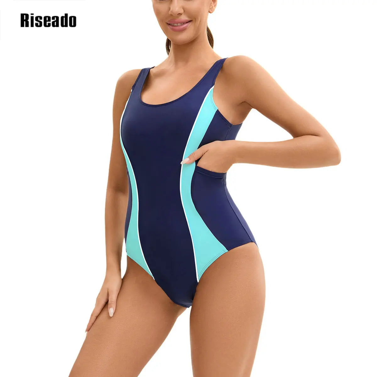 Riseado Modest Swimwear One Piece Sports Swimsuit with Pocket High Waist Racerback Athletic Bathing Suit