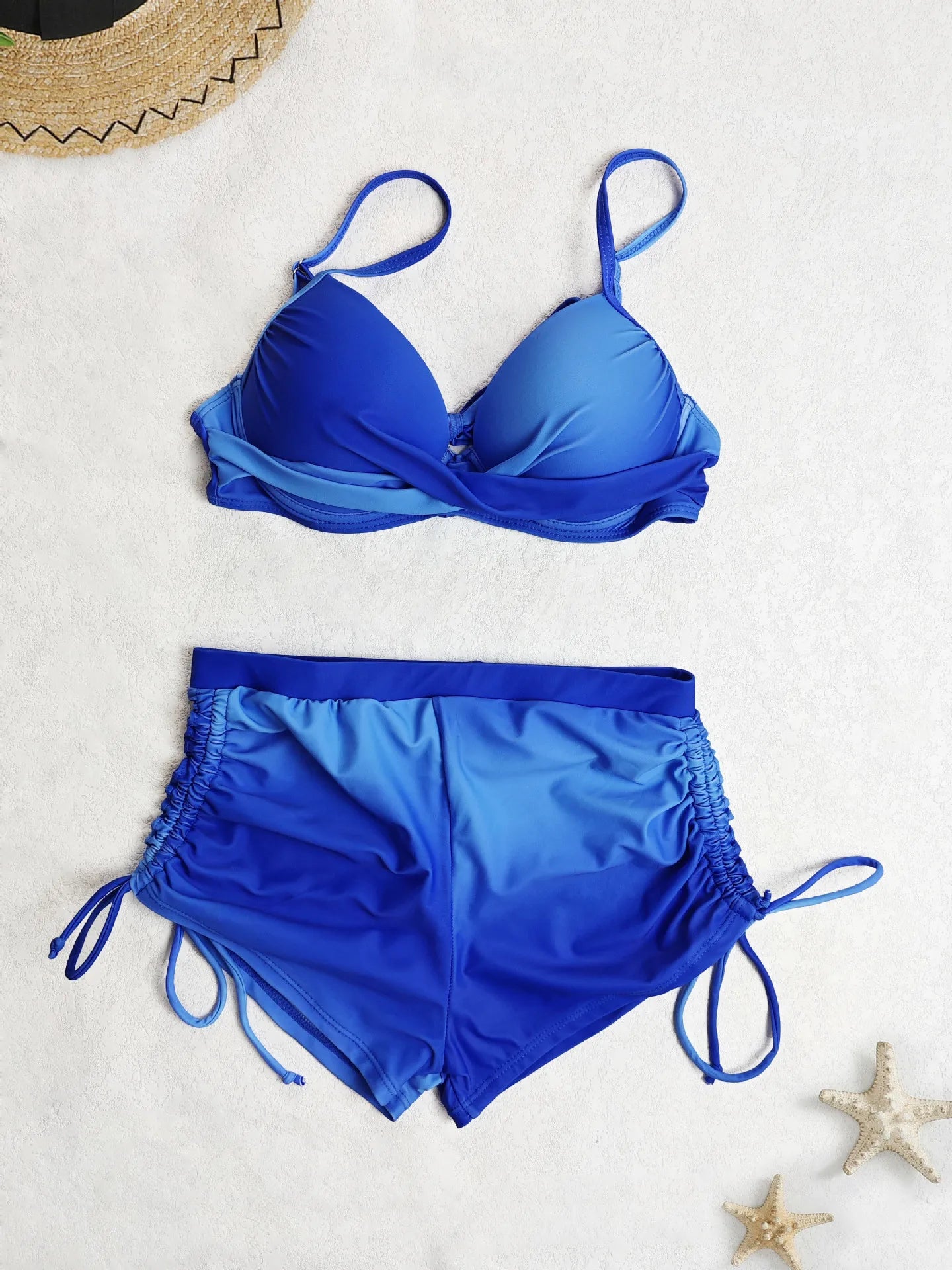 Vintage Yellow Gradient Bikini Set Swimwear Women Halter Cross Push Up Padded Bra High Waist Drawstring Side Pants Swimsuit