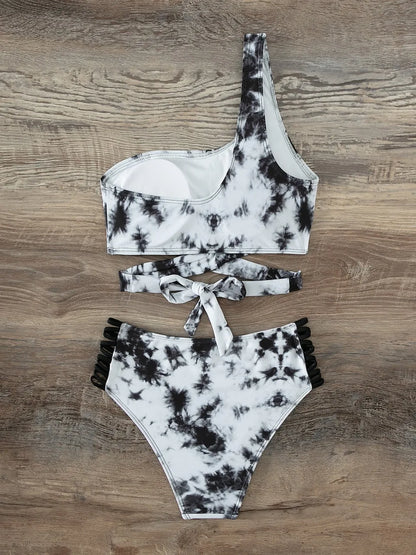One Shoulder Bandeau Bikini Women Tie Dye Swimwear Female High Waist Swimsuit Bathers Bathing Swimming Suit Beachwear