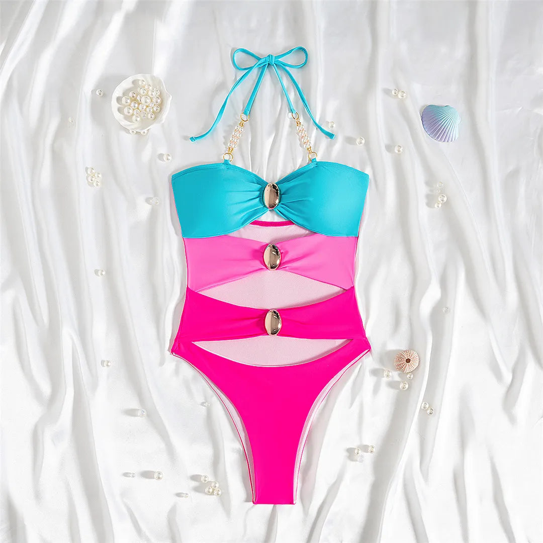 Splicing Halter Cut Out Metal Rings Women Swimwear One Piece Swimsuit Female High Leg Cut Padded Bather Bathing Suit Swim