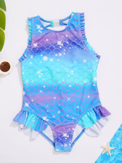 Kids Girls Mermaid Swimsuit Sleeveless Fish Scales Print Ruffle Flounce Jumpsuit Bathing Suit Pool Beach Athletic Swimwear