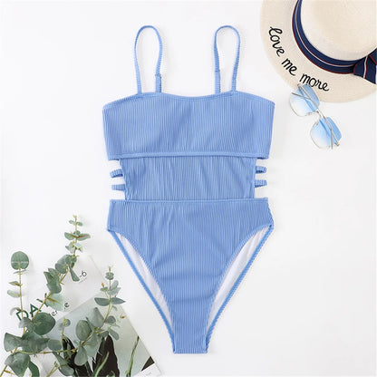 S - XL 11 Colors Ribbed Cut Out One Piece Swimsuit Women Swimwear Female High Leg Cut Padded Bather Bathing Suit Swim Lady