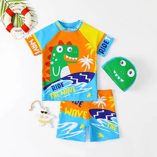 Children's Swimsuit Three-Piece Boy's Swimsuit Swim Cap Short-Sleeved Sunscreen Quick-Drying Shorts Swimsuit Swim Cap Set