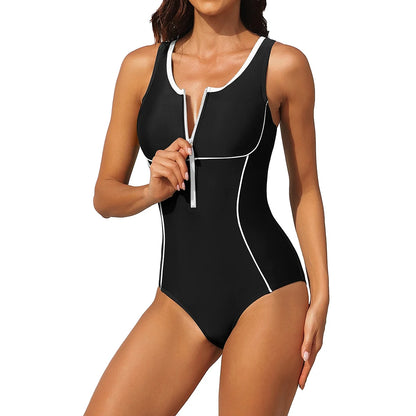 Attraco Women Swimsuit One-Piece Sports Athletic U-Neck Front Zipper Swimwear Racerback Sewn-In Wireless Bra Bathing Suit