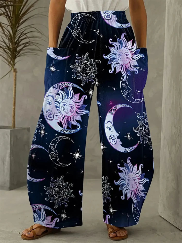 Simple Star And Moon Abstract Sun Print Pants Fashionable European And American Ladies Wide-leg Pants Delicate And Elegant Pants