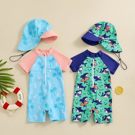0-3Y Summer Baby Boys Beach Swimwear Casual Color Patchwork Shark/Tree Print Short Sleeve Zip Up Bathing Suit