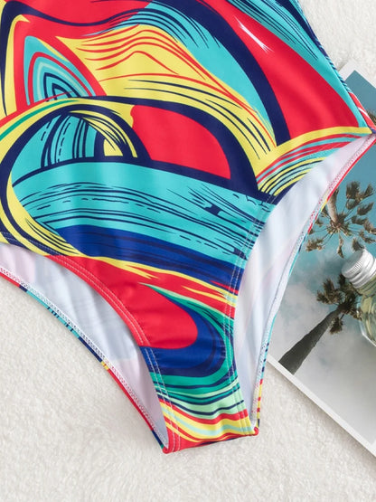 Color Print Strapped Swimwear Women Push UP One Piece Swimsuit Monokini Backless Hollow Summer Bathing Suit