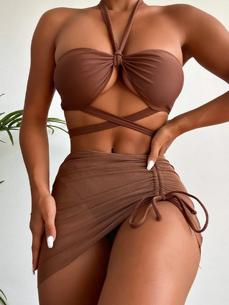 Solid 3PCS Skirt Bikini Set Sexy Women Swimsuit Cross Hollow Push Up Swimwear Beach Brazilian Bathing Suit