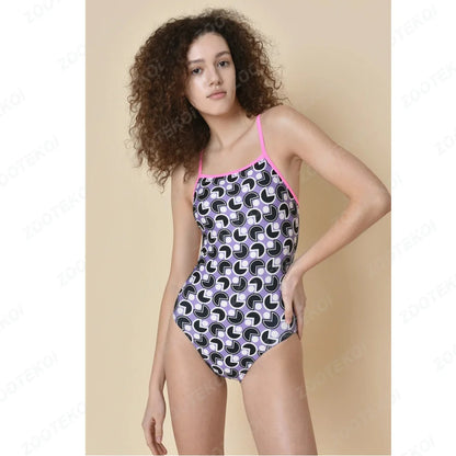 Women's Swimming Suit Hollow Back Swimsuit Female One-piece Triathlon Happy Prints Fit Practice Training Swimsuit