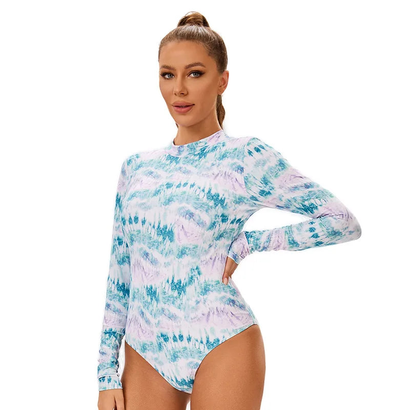 Print Long Sleeve Rash guard Women's Backless One-Piece Swimsuit for Surfing Beach Pool Bathers