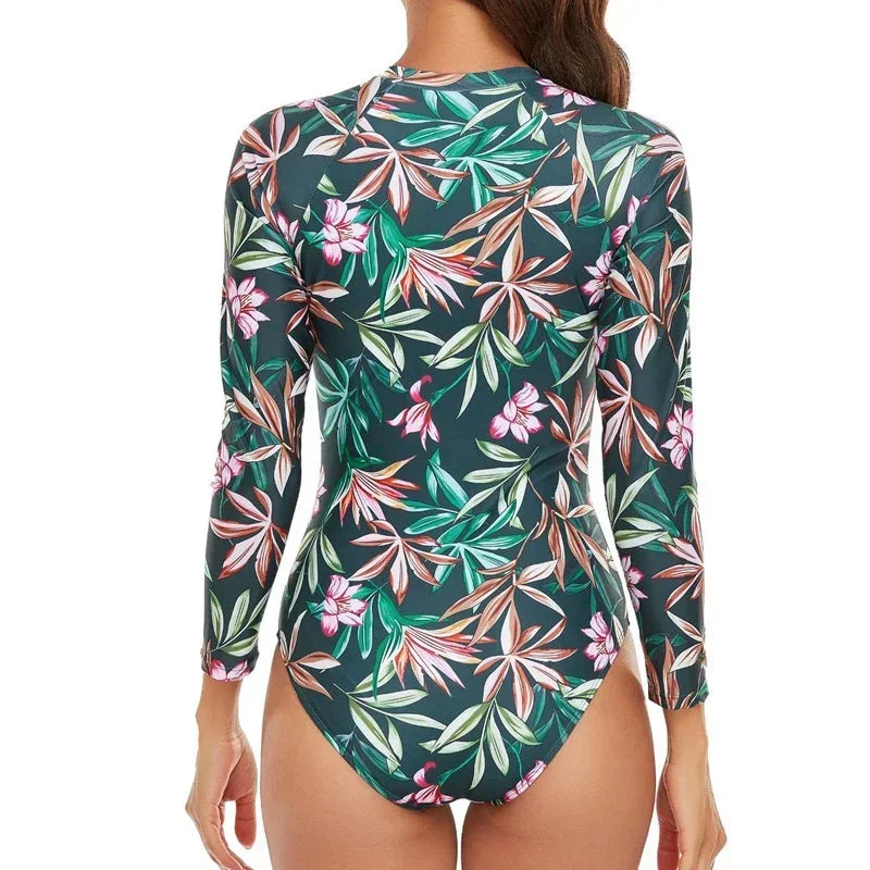 One-piece Swimsuit Women Long Sleeves Sunscreen Surf Wear Solid Color Stitching Zipper Conservative Summer Beach Swimwear