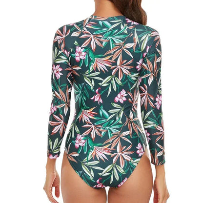 One-piece Swimsuit Women Long Sleeves Sunscreen Surf Wear Solid Color Stitching Zipper Conservative Summer Beach Swimwear