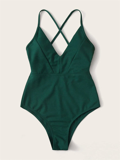 One Piece Swimsuit Women Green Sling V Neck Swimwear Bodysuit Monokini Summer Backless Beach Bathing Suit Female