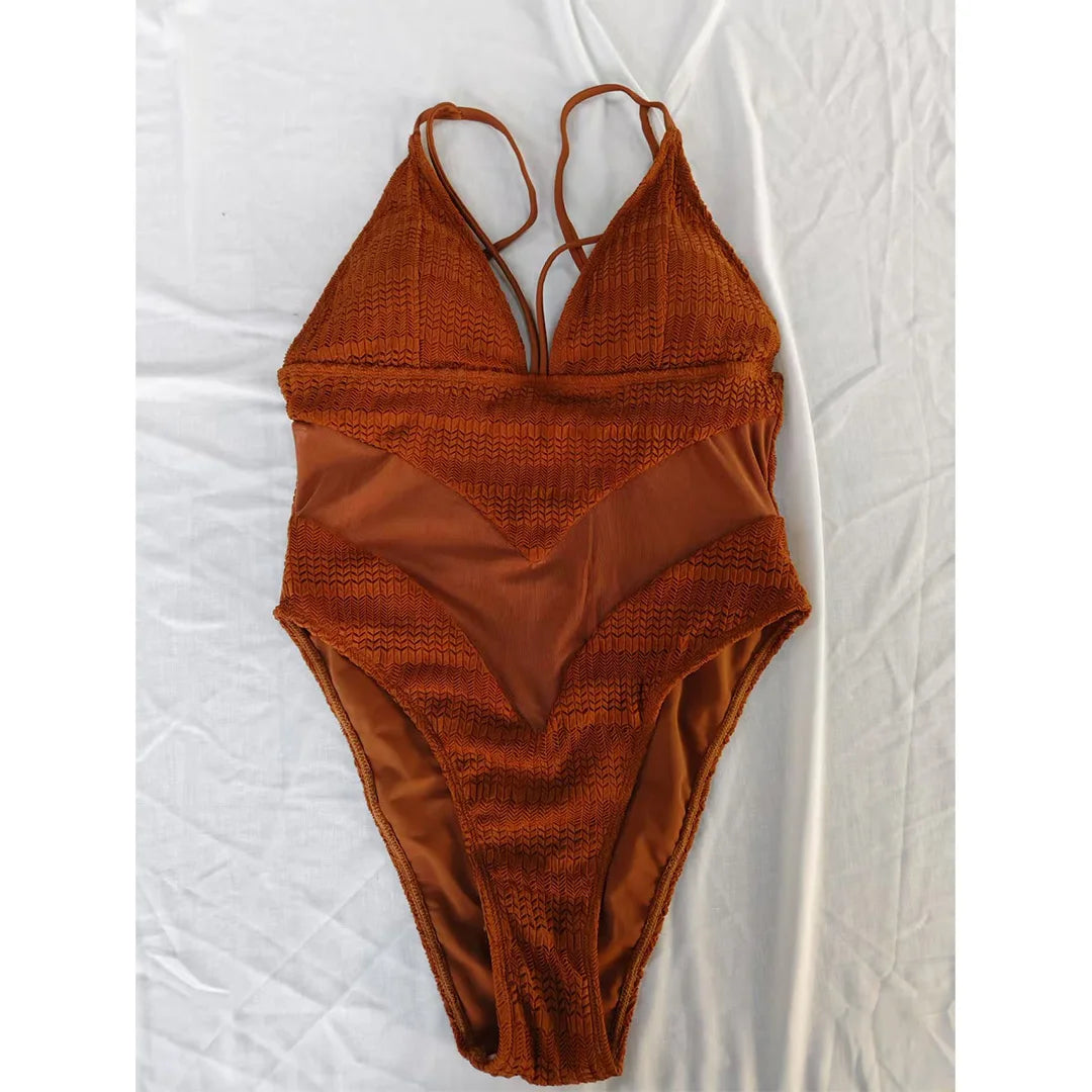 S - XXL 5 Colors V Neck Mesh Sheer Women Swimwear One Piece Swimsuit Female High Leg Cut Monokini Bather Bathing Suit Swim