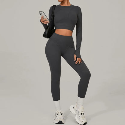Seamless Yoga Sets Sports Fitness Hip-lifting High Waist Skinny Long-sleeved Suit Running Workout Gym Leggings Sets Women