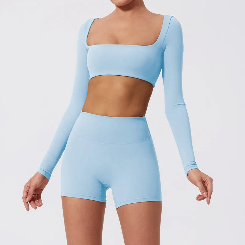 Yoga Clothes 2PCS Gym Set Sports Shorts Set Women Long Sleeved High Waist Shorts Fitness Suit Running Workout Tracksuit