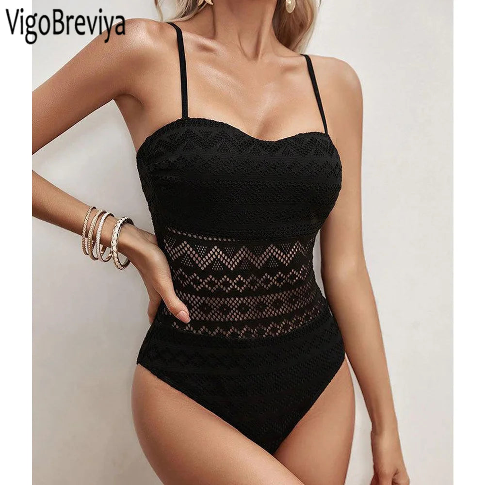 Black Strapped Swimwear Women Push UP Lace Hollow One Piece Swimsuit Monokini Backless Summer Bathing Suit