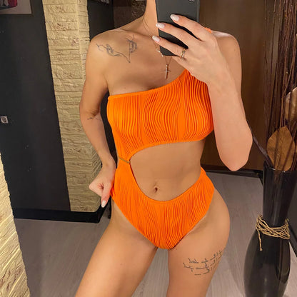 Asymmetric Cut Out Wrinkled One Piece Swimsuit Women Swimwear Female One Shoulder Padded Bather Bathing Suit Swim Lady